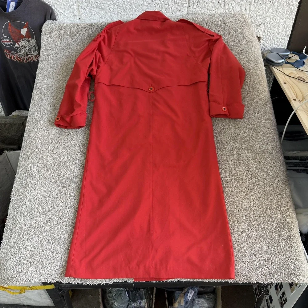 Vintage American Bazaar Coat Womens 8 Red Polyester Trench Button Long Lined